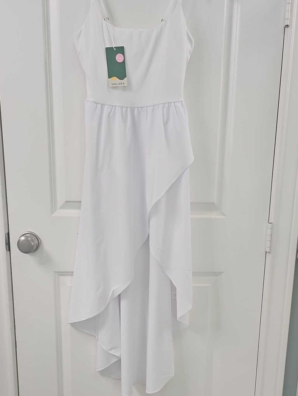 HALARA White Asymmetrical Ruffle Dress with Spaghetti Straps
